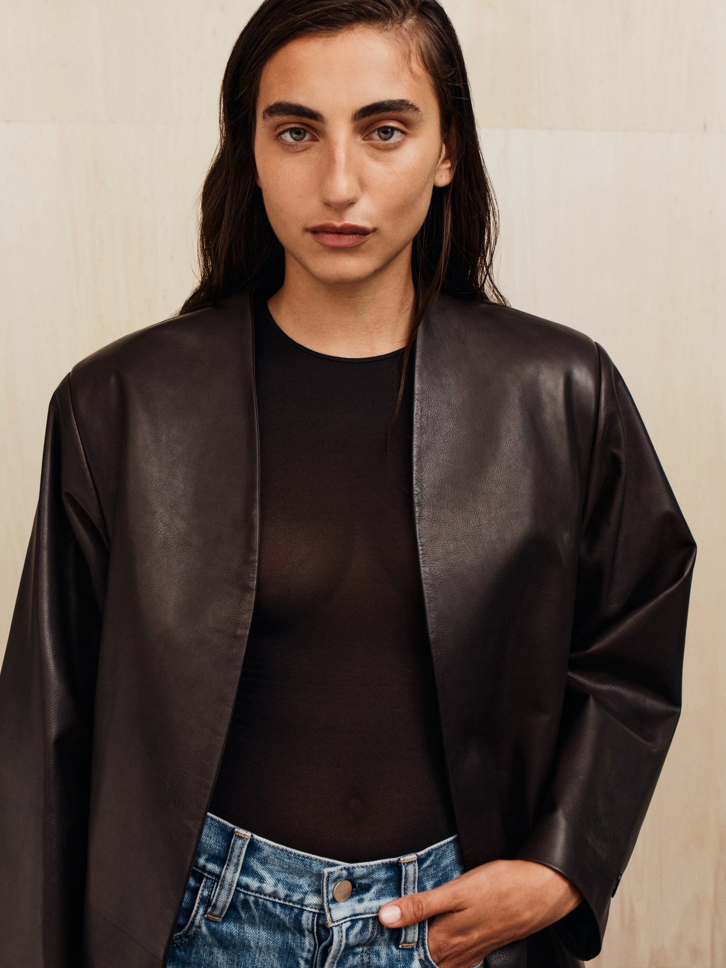 Womens Leather Collarless Jacket