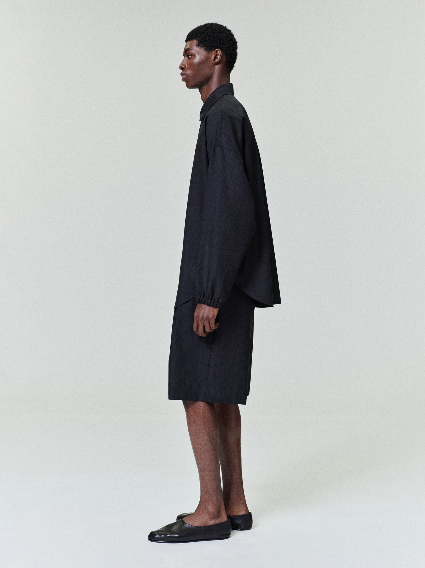 Black Striped Wool Elastic Cuff Shirt
