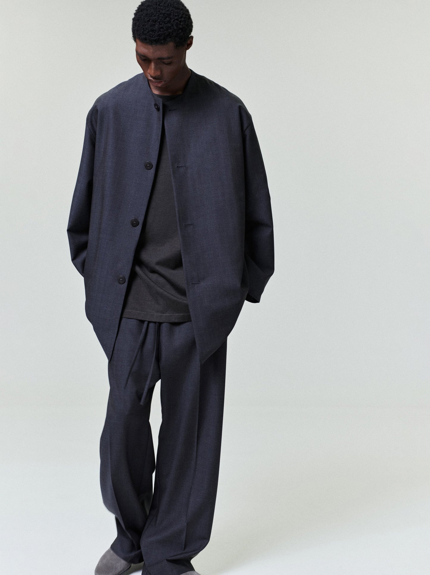 Grey Striped Wool Wide Leg Drawstring Pants