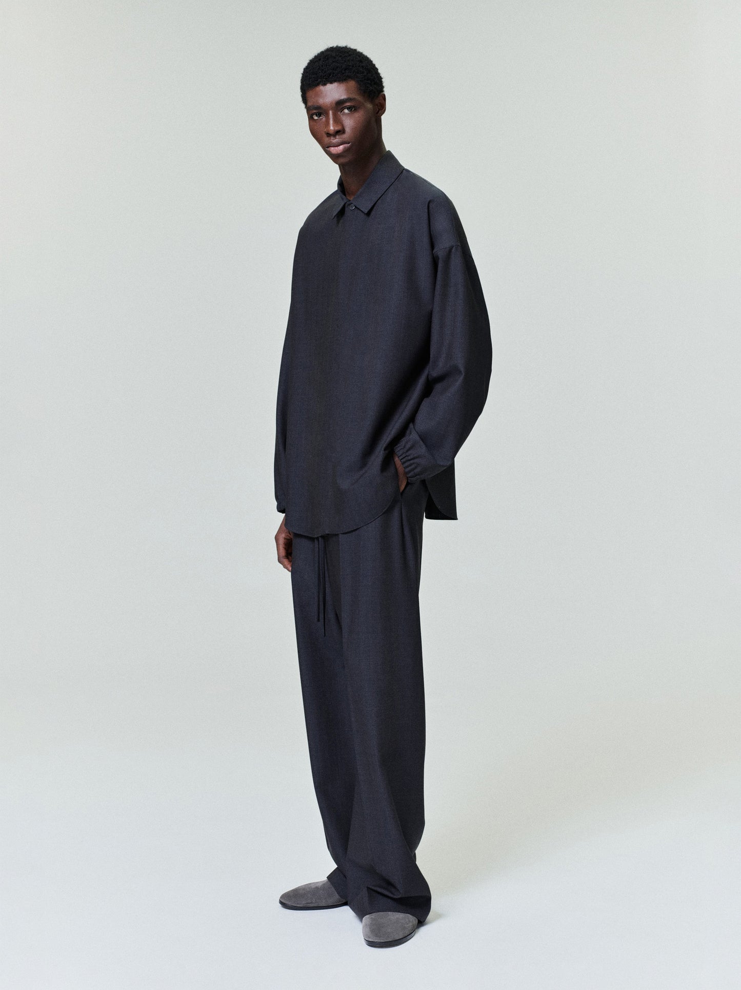 Grey Striped Wool Wide Leg Drawstring Pants