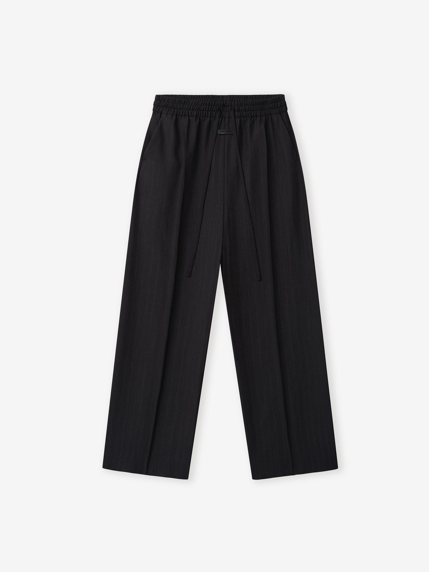 Black Striped Wool Wide Leg Drawstring Pants