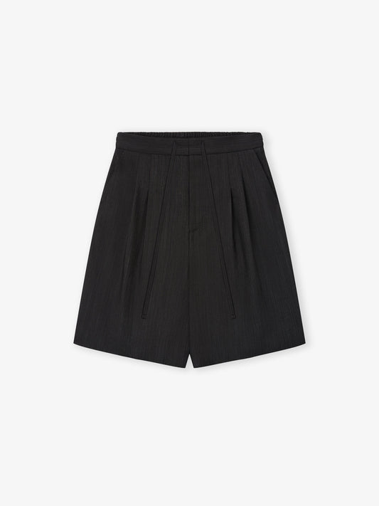 Black Striped Wool Baggy Shorts